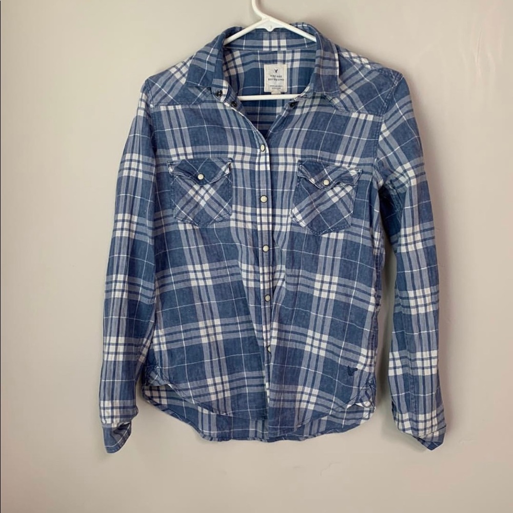 American Eagle Blue and Cream Plaid Shirt